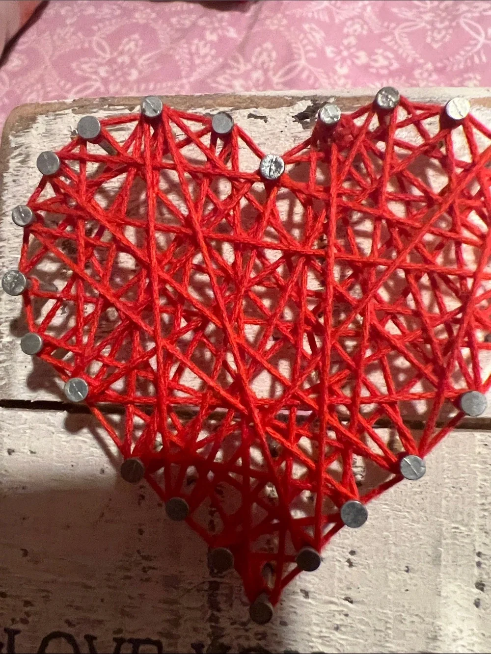 Rustic String Art Heart Sign - Red Heart, White Wood